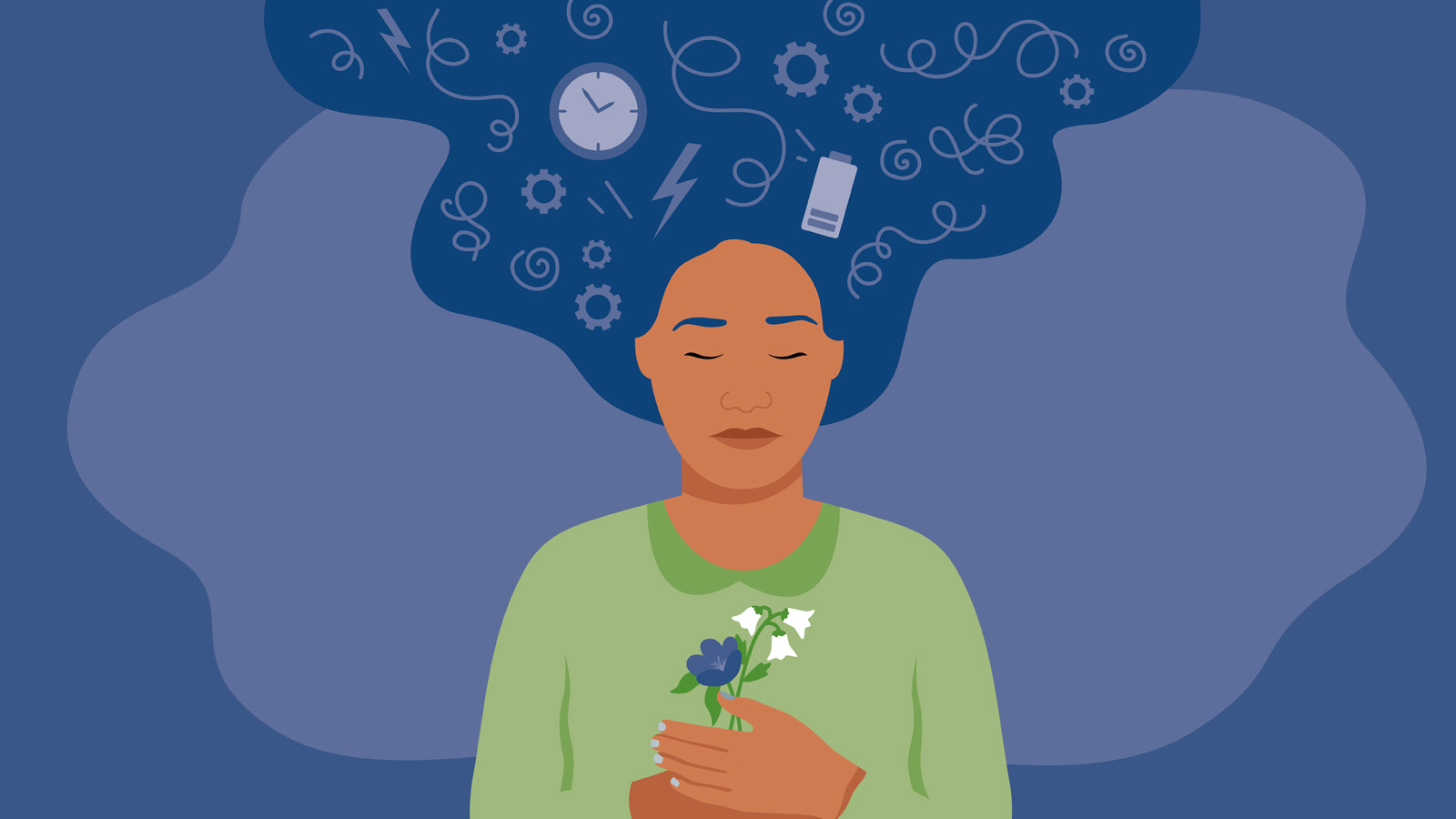 Illustration einer Frau mit ADHS, die eine Blume hält. In ihrem wehenden Haar sind symbolisch eine Uhr, ein Zahnrad, eine leere Batterie und andere Elemente erkennbar, die sinnbildlich für ADHS stehen.